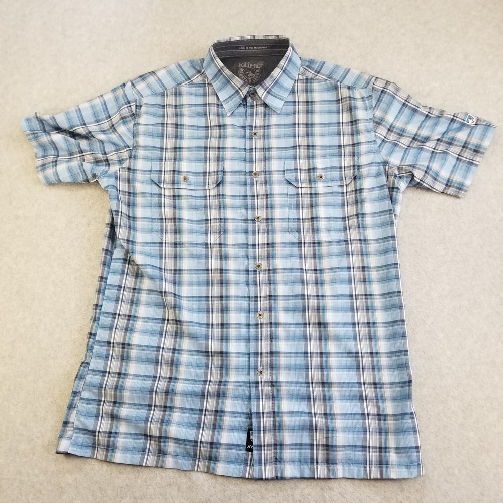 KÜHL Eluxur Button-Up Shirt Mens Medium Blue Plaid Outdoor Casual Wear